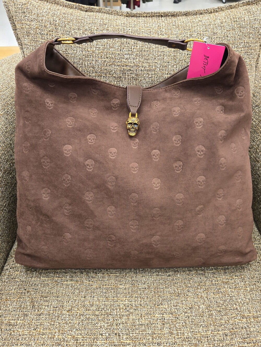 Betsey Johnson Brown Suede Skull-Embossed Hobo Handbag